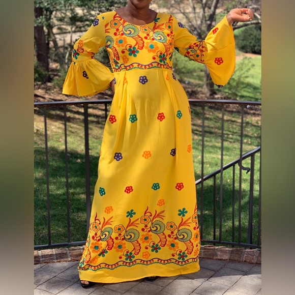 Yellow Multicolor Embroidered Bell Sleeve Maxi Dress - Picture 6 of 11